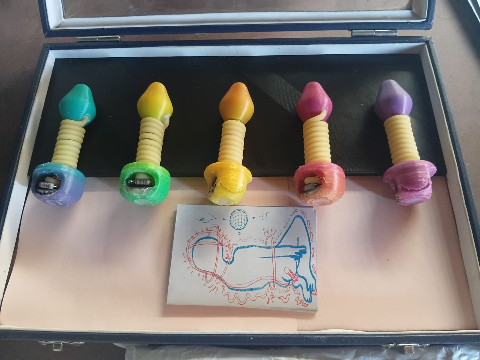 Five 3D-printed buttplugs in teal, green, orange, pink and purple, each with silicone tubing coiled around the shaft, laid in a display case next to a riso-printed zine.