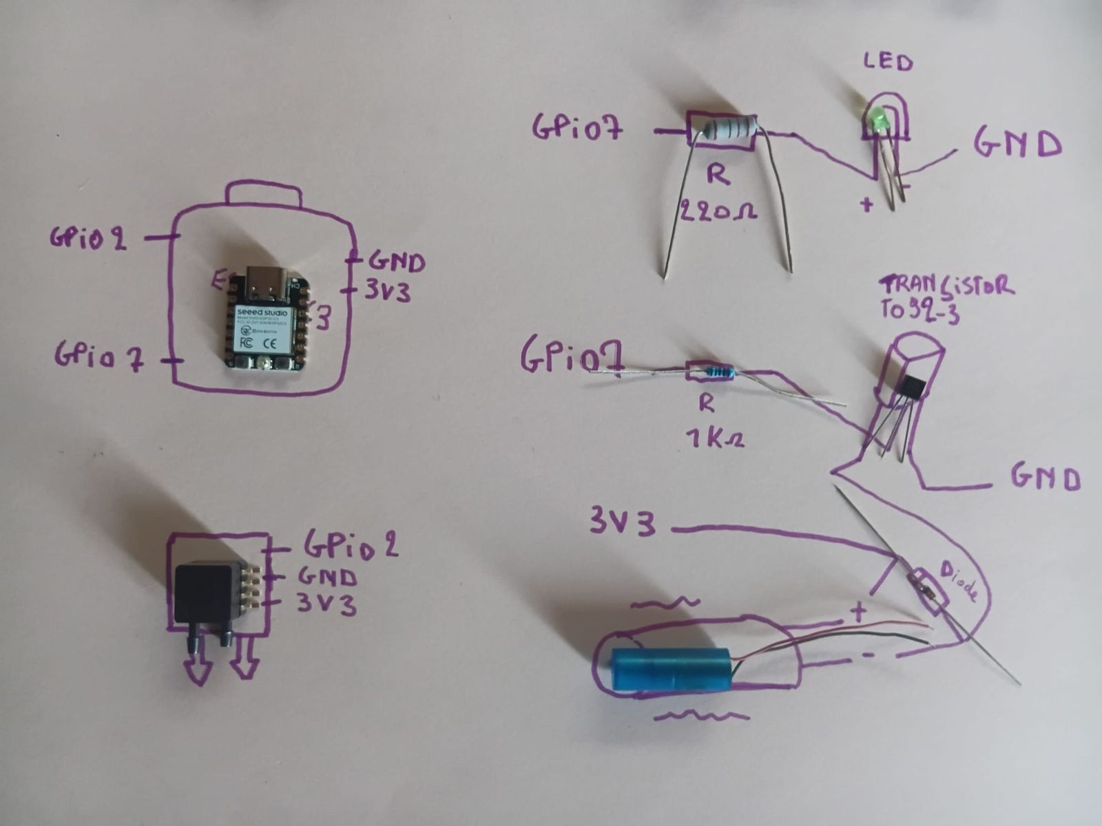 Hand-drawn schematic in purple marker: ESP32-C3, pressure sensor on GPIO2, LED with 220 ohm resistor on GPIO7, and the vibration motor driven by a transistor with 1k ohm base resistor and a diode.
