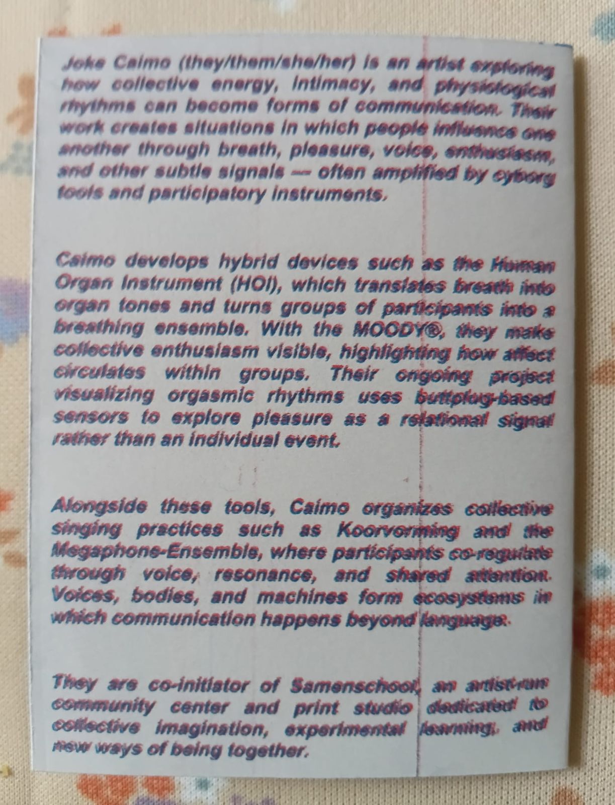 Zine page with the artist text by Joke Caimo, printed in overlapping red and blue.