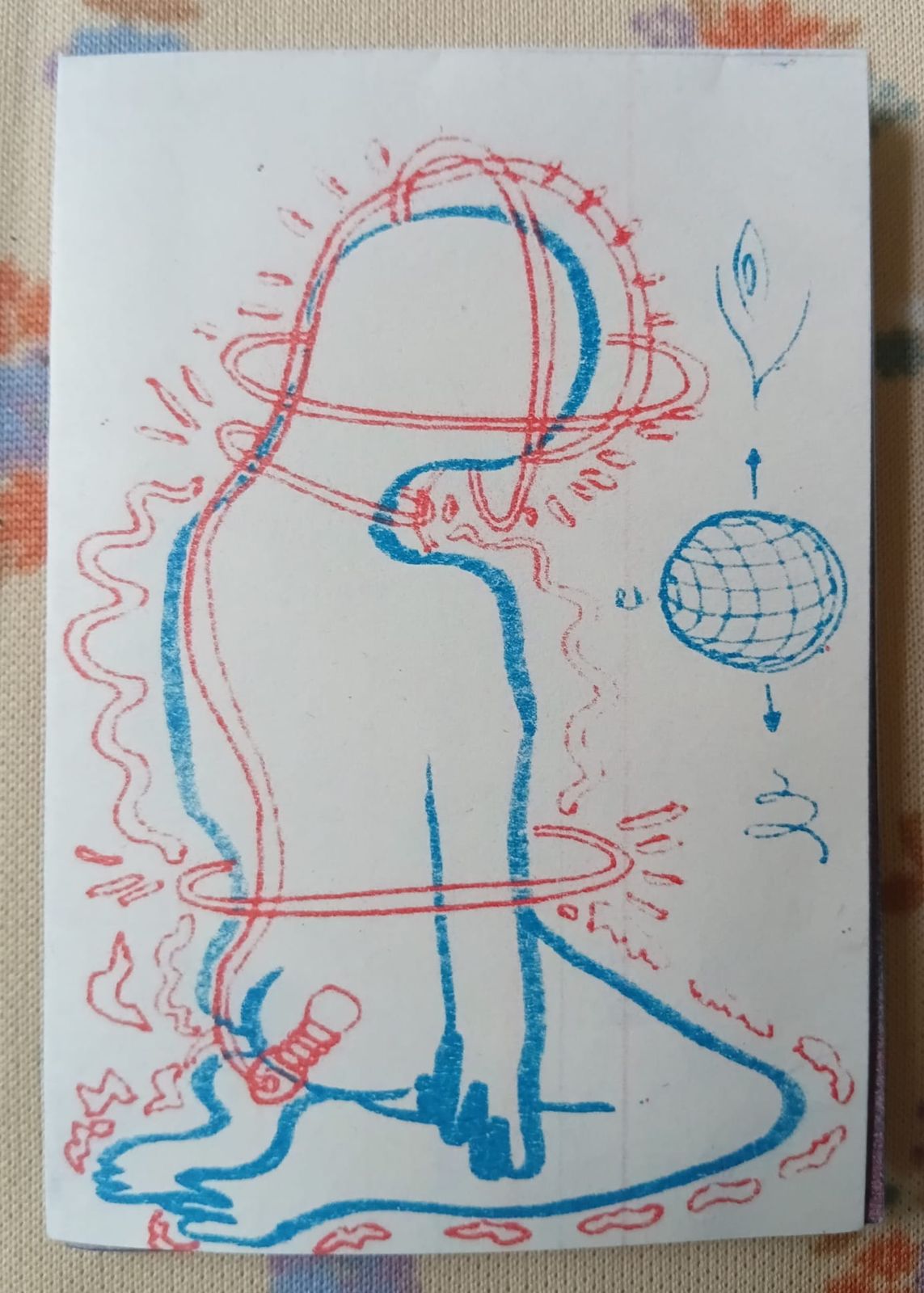 Riso-printed zine cover in red and blue: a figure bending over, with a plug, waves of energy and rings around the body, and a disco ball.