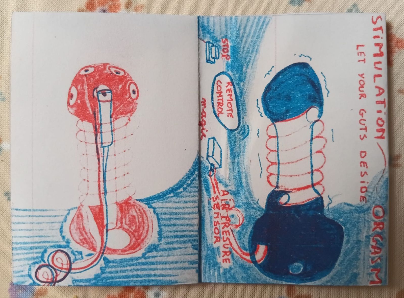 Zine spread titled Stimulation, Orgasm, Let your guts deside, showing the plug with its coiled tube, an air pressure sensor and a remote control.